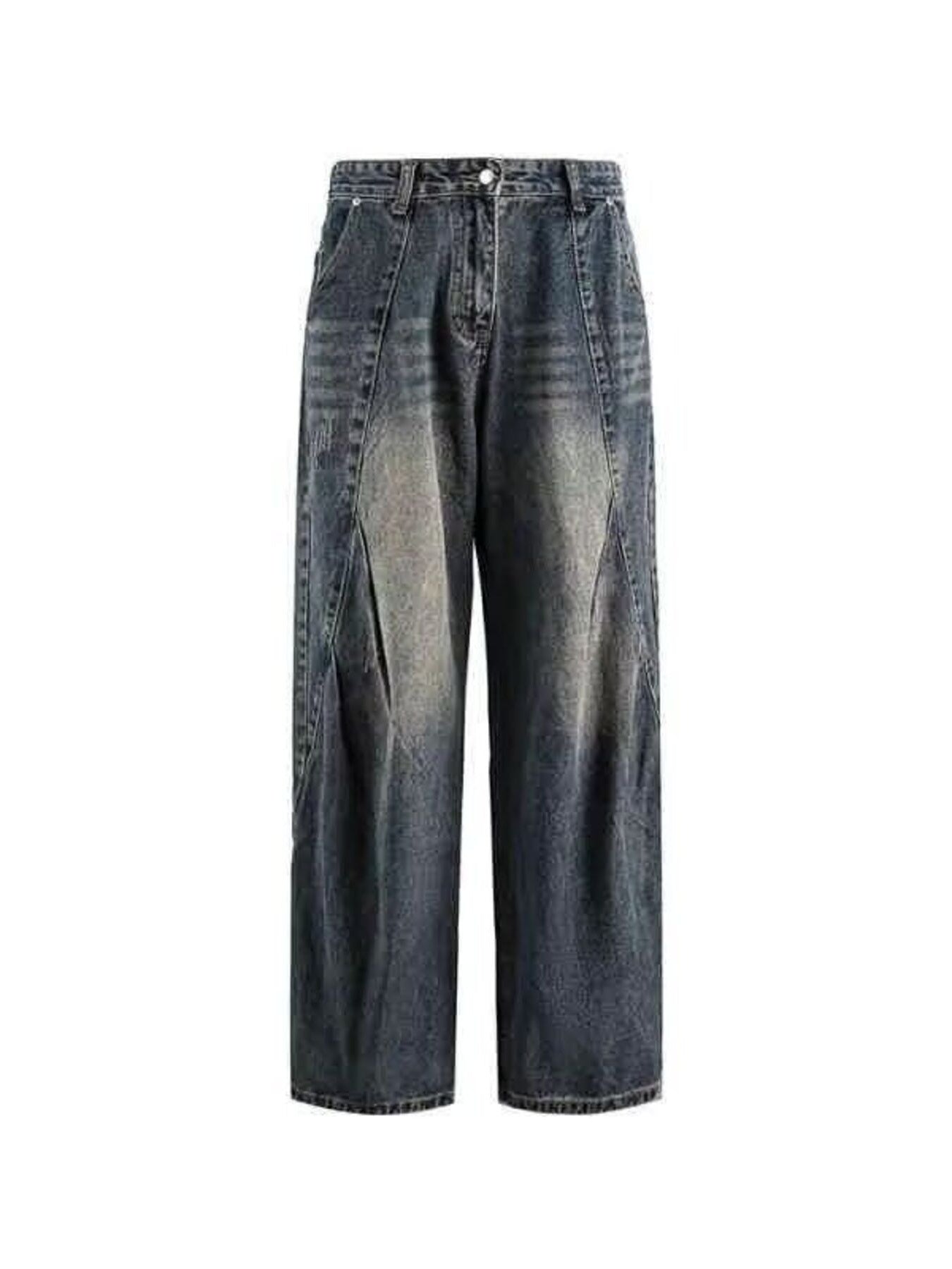 Men's vintage wash wide leg jeans in blue denim with a relaxed fit.