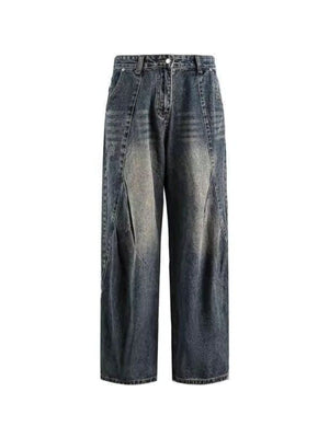 Men's vintage wash wide leg jeans in blue denim with a relaxed fit.