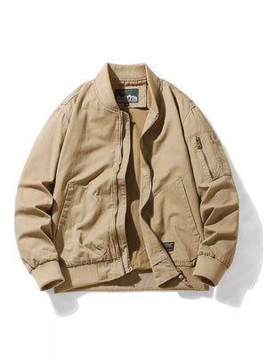 Khaki cotton bomber jacket with zip-up front, ribbed collar, cuffs, and hem, plus a zippered sleeve pocket.