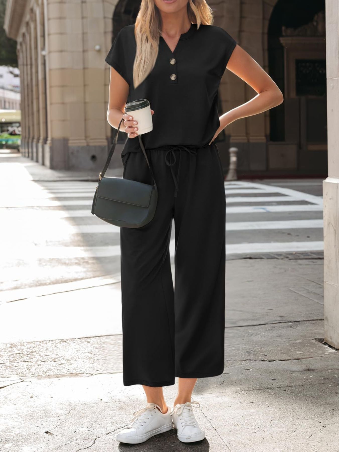 Black notched V-neck top and wide-leg pants set with drawstring waist
