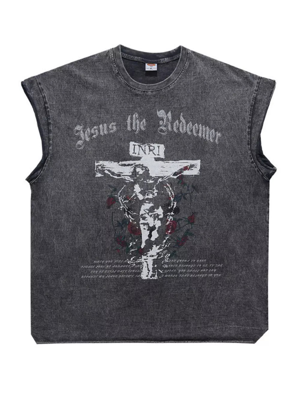 Dark gray cotton graphic tank top with Jesus on the cross design and text.