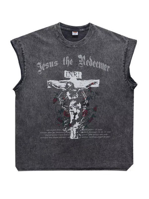 Dark gray cotton graphic tank top with Jesus on the cross design and text.