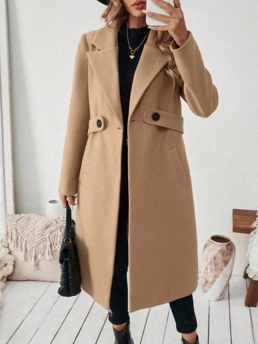 Elegant Lapel Collar Belted Trench Coat Plus Size in Gray, view 16