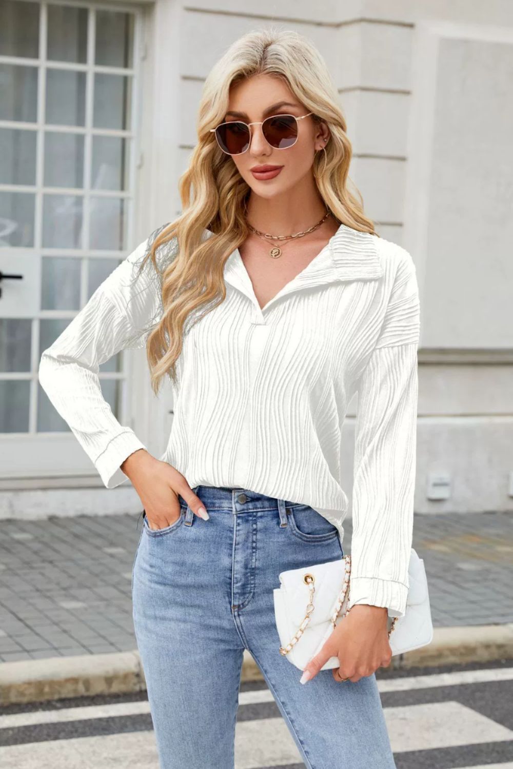 White long sleeve collared blouse with wave-effect texture