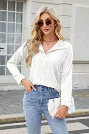 White long sleeve collared blouse with wave-effect texture