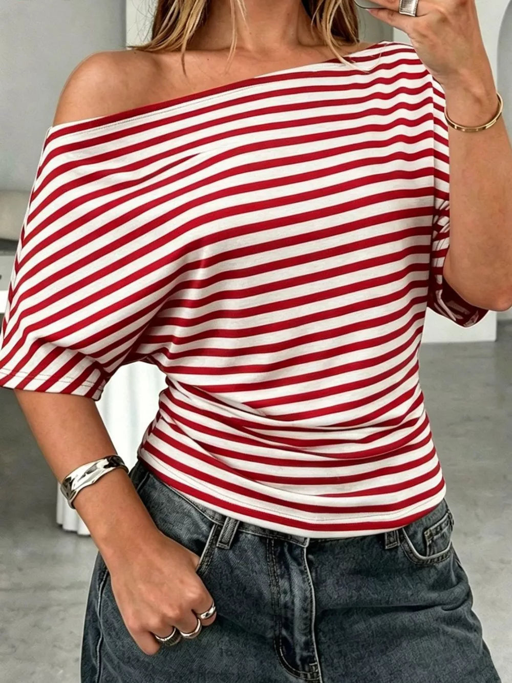 One Shoulder Striped Dolman Sleeve T-shirt in Gray, back view
