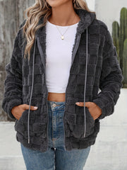 Dark gray textured grid fleece hoodie jacket with adjustable hood and zipper closure.
