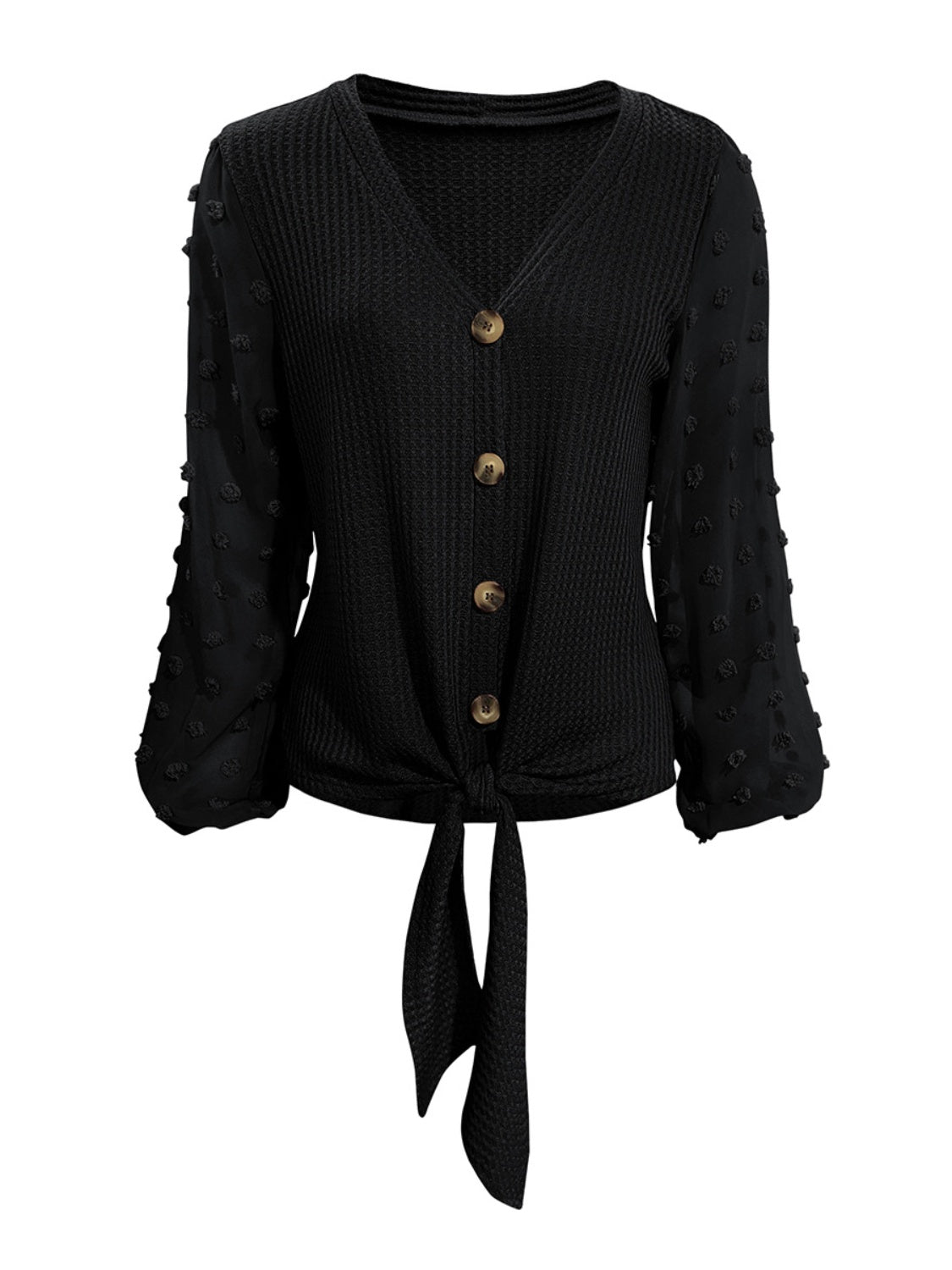 Black waffle knit tie front blouse with Swiss dot sleeves and button front.