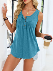 Blue-green tank top with button detail and ruching at the neckline, curved hem.