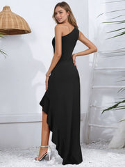 Black asymmetrical one-shoulder maxi dress with ruffled hem detail