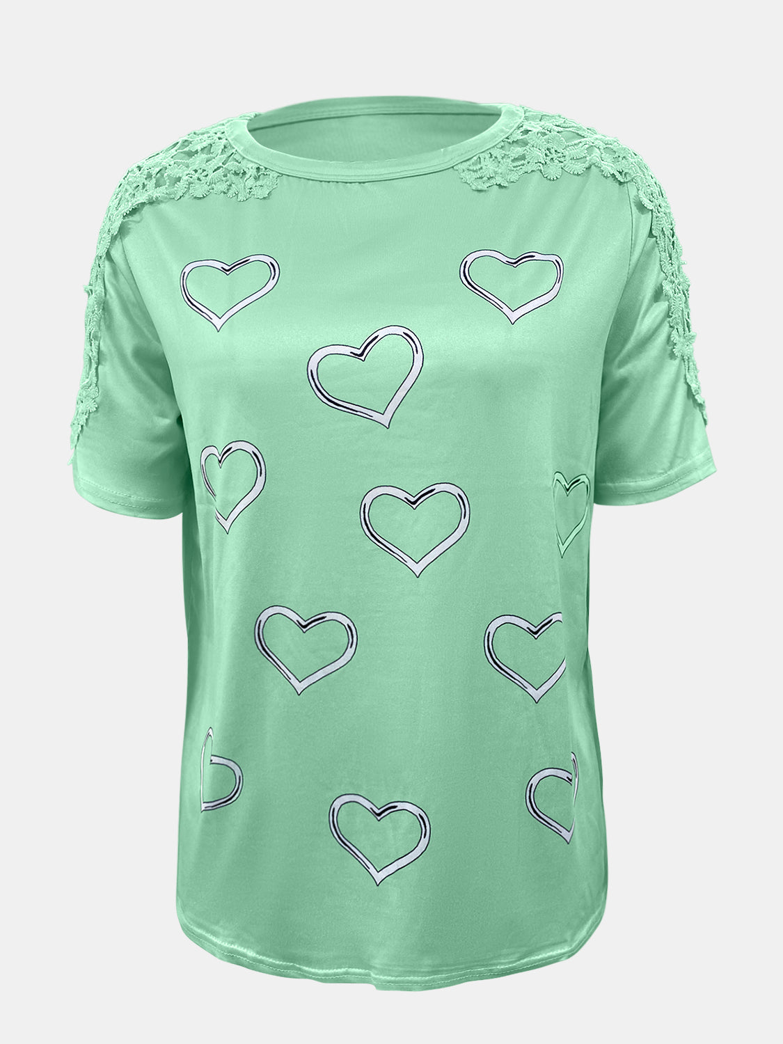 Gum Leaf tee with heart print and lace trim on shoulders and sleeves.