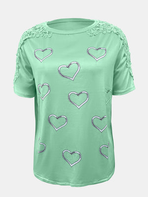 Gum Leaf tee with heart print and lace trim on shoulders and sleeves.
