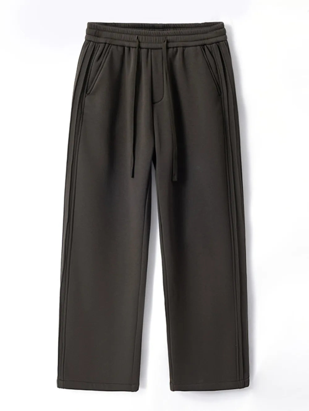 Men's dark gray relaxed fit sweatpants with drawstring and side seam detail.