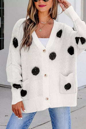 Polka Dot Button Up Cardigan in White, model styling view