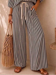 Striped Puff Sleeve Shirt And Wide-leg Pants Set in Khaki, fabric detail
