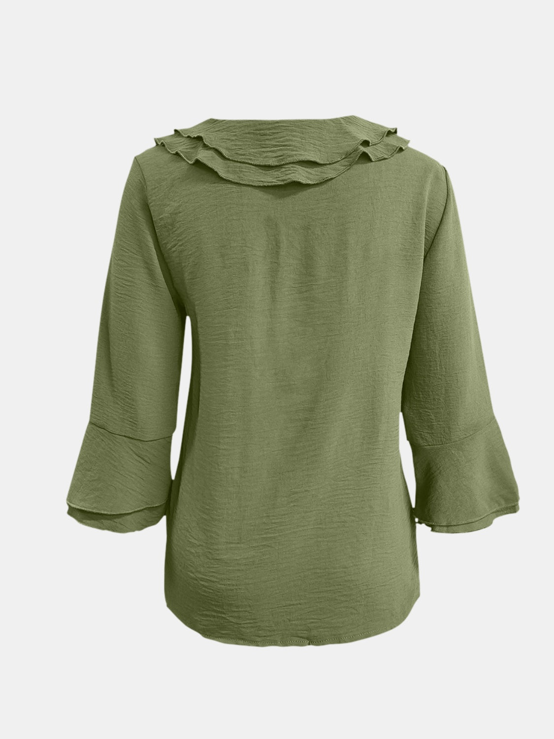 Olive green linen blouse with ruffled neckline and flared 3/4 sleeves.