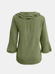 Olive green linen blouse with ruffled neckline and flared 3/4 sleeves.