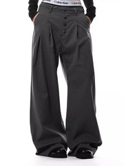 Charcoal pinstripe wide-leg maternity trousers with button-front detail.