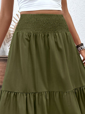 Army green ruffled smocked waist maxi skirt with tiered hem detail.