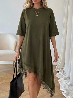 Army green t-shirt dress with asymmetrical hem and lace trim