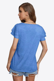 Air Force Blue tiered sleeve blouse with a scoop neckline.