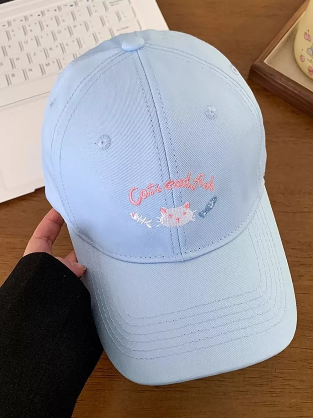 Playful Cat Embroidered Cotton Cap