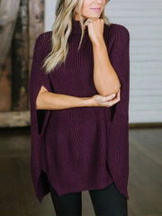 Deep Purple turtleneck knit sweater with cape sleeves and ribbed texture.
