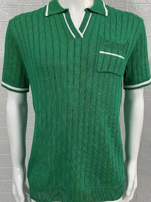 Green knit polo shirt with contrast white trim, V-neck, short sleeves, and chest pocket.