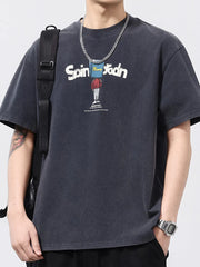 Men's graphic print relaxed fit t-shirt in dark gray cotton with a cartoon design.