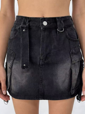 Black washed denim cargo mini skirt with button closure and belt detail.