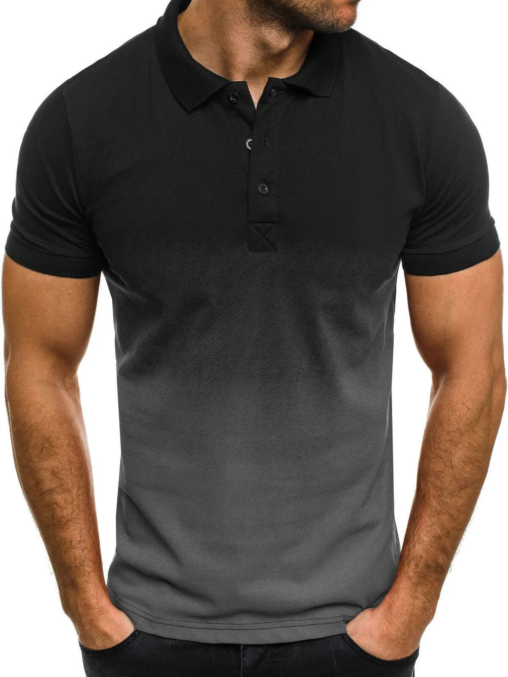 Black and grey gradient cotton polo shirt with button detail