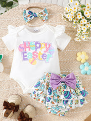 White Easter bodysuit with ruffle sleeves and carrot print skirt set with purple bow.