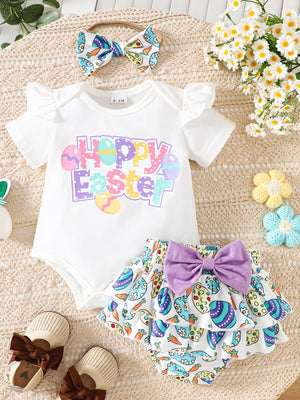 White Easter bodysuit with ruffle sleeves and carrot print skirt set with purple bow.