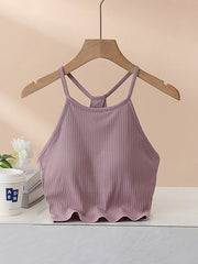 Lilac ribbed racerback crop top with spaghetti straps and scalloped hem