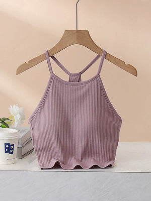 Lilac ribbed racerback crop top with spaghetti straps and scalloped hem