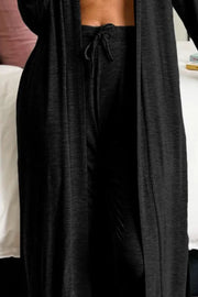 Black duster cardigan and jogger pants with drawstring waist