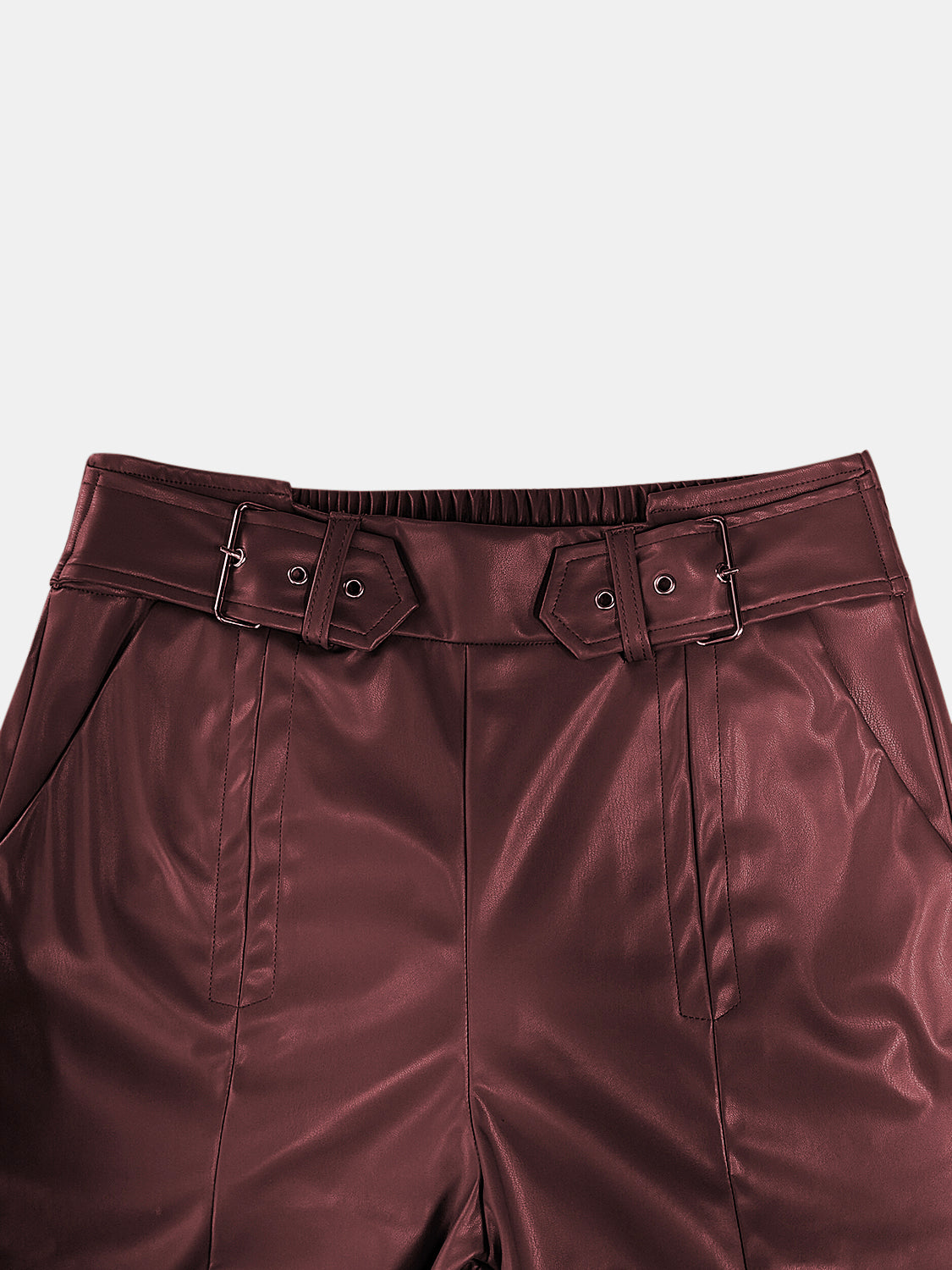 Belted faux leather palazzo trousers in burgundy with a cinched waist and buckle detail.