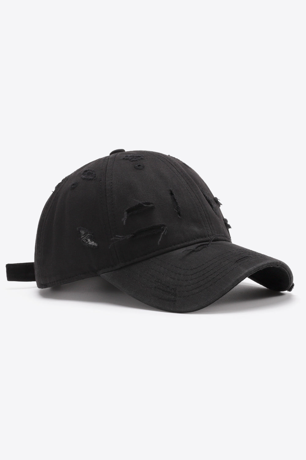 Black distressed baseball cap with adjustable strap