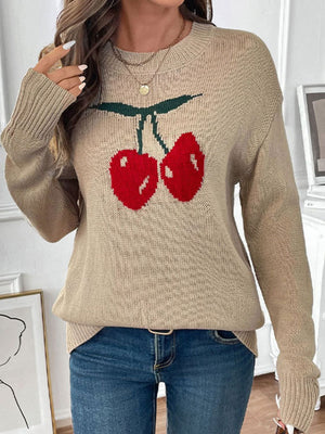 Khaki acrylic knit jumper with red cherry motif, crew neck, and long sleeves.