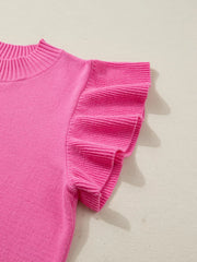 Pink knit top with ruffled short sleeves and ribbed mock neck.