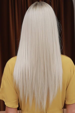 Ombre blonde lace front wig with ash brown roots and straight 26" length.
