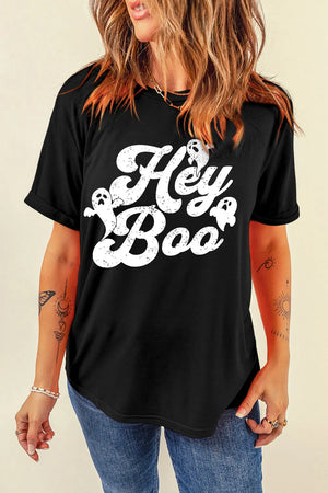 Black graphic tee with white distressed "Hey Boo" text and ghost details.