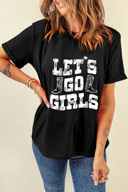 Black graphic t-shirt with distressed "Let's Go Girls" text and cowboy boot graphic