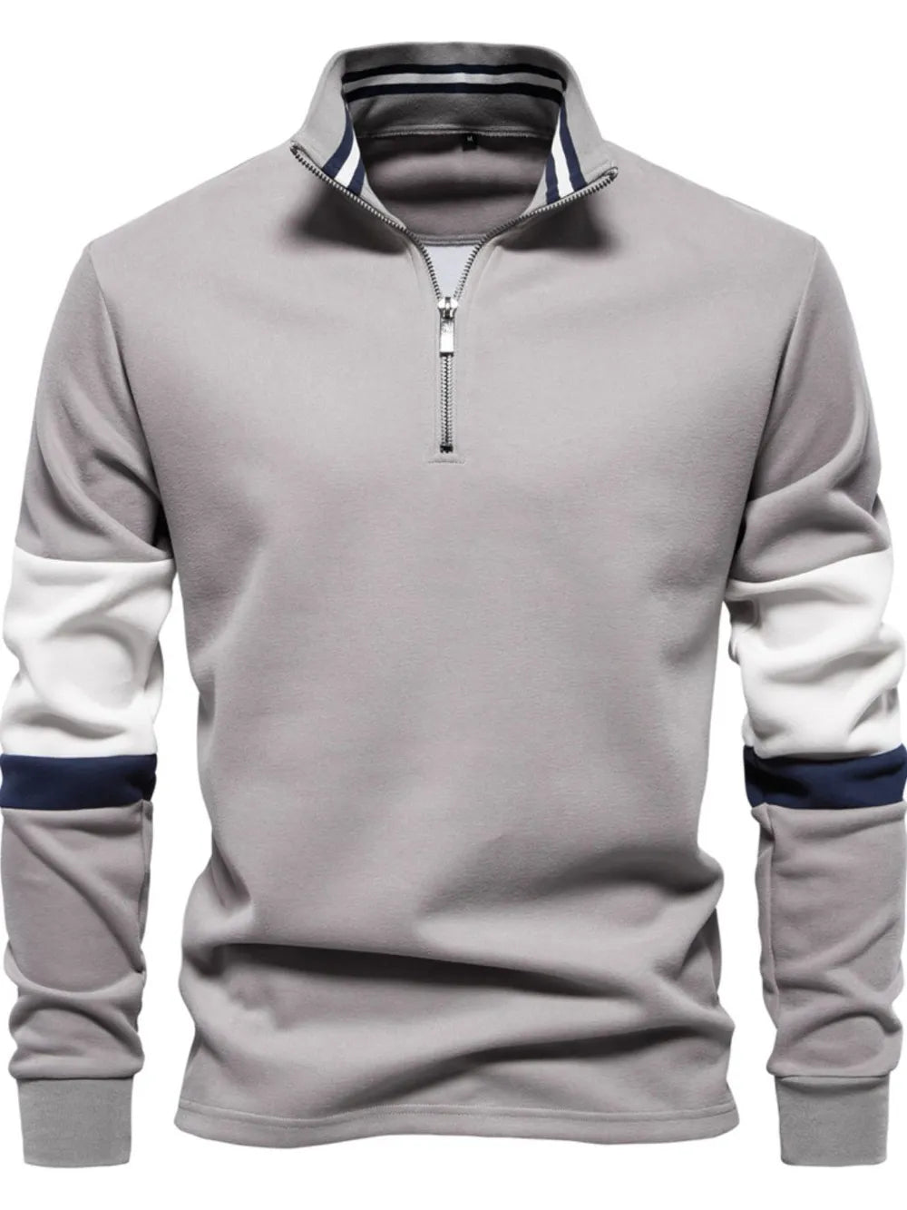Gray zip-neck sweatshirt with colorblock sleeves and striped collar.