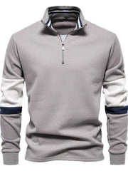Gray zip-neck sweatshirt with colorblock sleeves and striped collar.