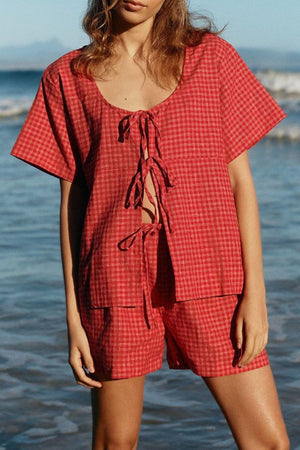 Deep Red plaid cotton open-front top with tie detail and matching shorts
