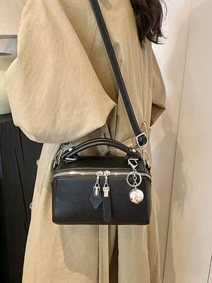 Textured Mini Pu Leather Handbag in Black, close-up detail