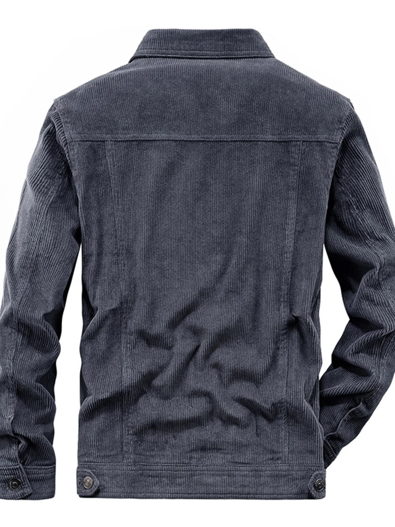 Grey corduroy button-down jacket with classic collar and button cuffs