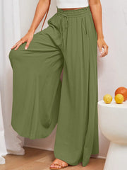 Textured drawstring palazzo trousers in olive brown with wide legs and pockets.