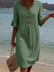 Button Decor Ruffle Sleeve Midi Dress Plus Size, alternate angle